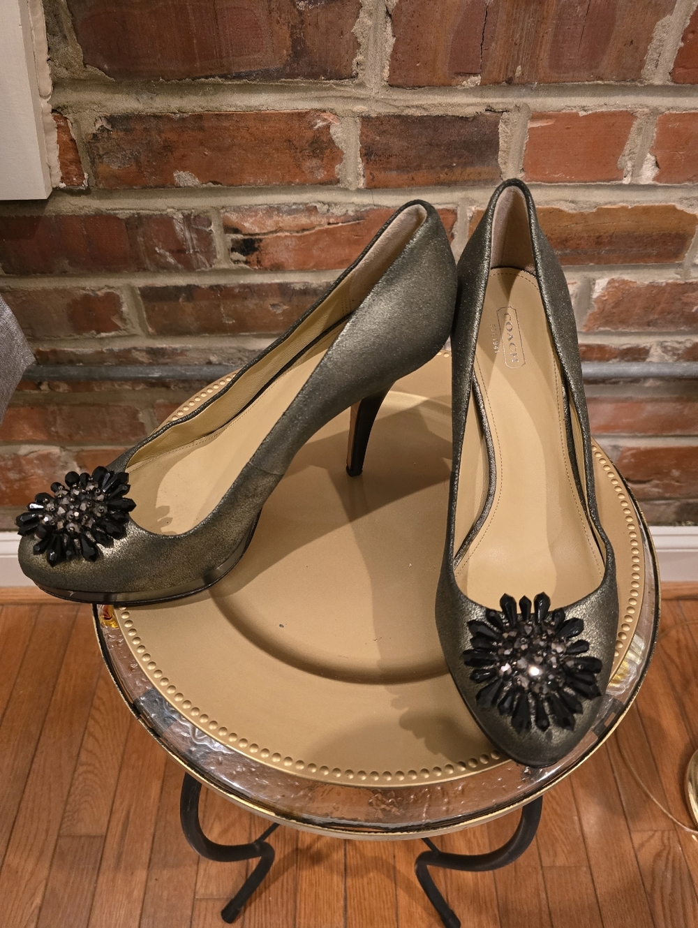 Coach Metallic Pewter Heels with Black Jeweled Accents